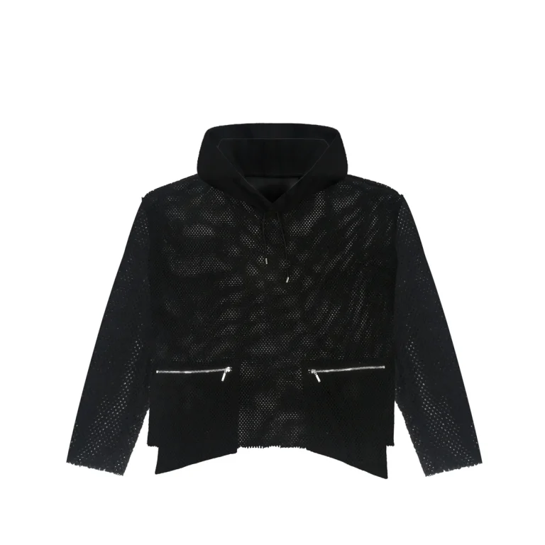 black hoodie with a loose fit and visible layering underneath, featuring silver zipper pockets on each side near the waist