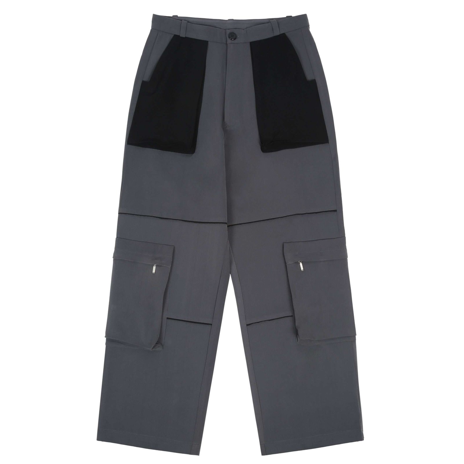 Gray cargo pants with a wide-leg fit, featuring two large black patch pockets on the upper thighs and two flap cargo pockets with zipper closures on each side of the lower legs